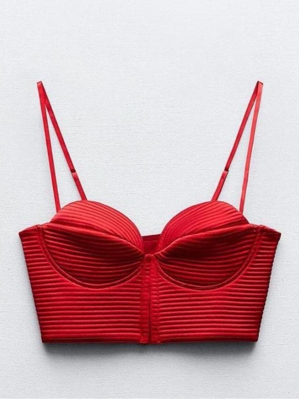 ZARA Red Ribbed Longline Bustier Crop Top